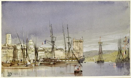 Marseille, schepen voor anker en een koopvaardijschip in de windstilte, 1836